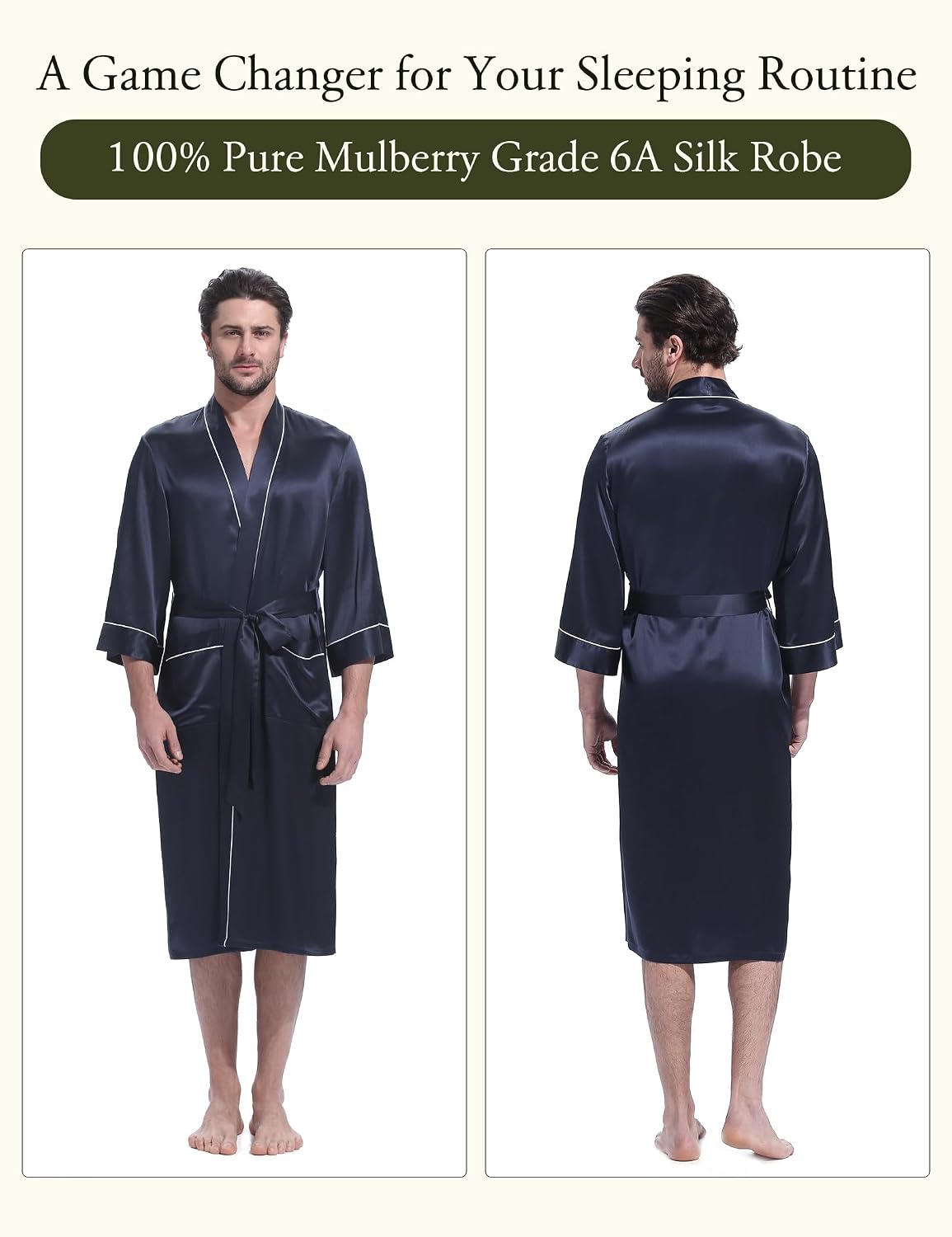 LilySilk 100% Silk Robe for Men Contrast White Trim Long Sleeve Shawl Collar Long Silk Kimono Bathrobe Male Sleepwear
