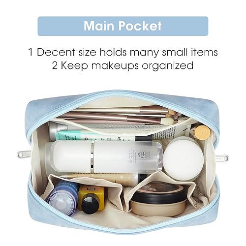 Miniatura 4 de Paquete de 2 bolsas de maquillaje de cuero vegano con cremallera, organizador de cosméticos de viaje para mujeres (grande (paquete de 2), azul cielo