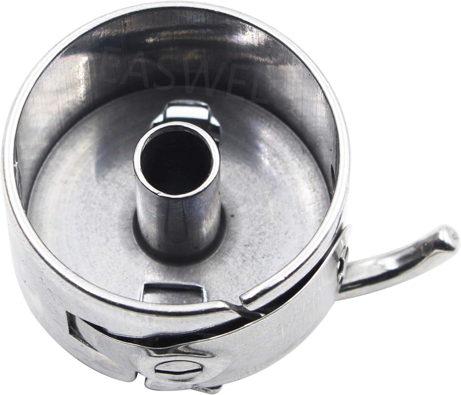Top-down view of the EASWEL metal bobbin case, showing the central post and internal mechanism.