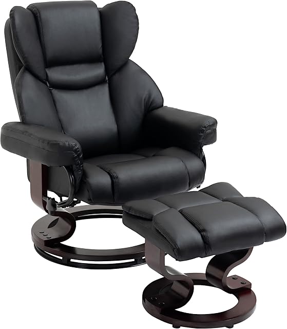 HOMCOM Reclining Swivel Armchair Footstool Set Sofa Padded PU Leather Relaxing Manual Duo Metal Frame Bentwood Base Black