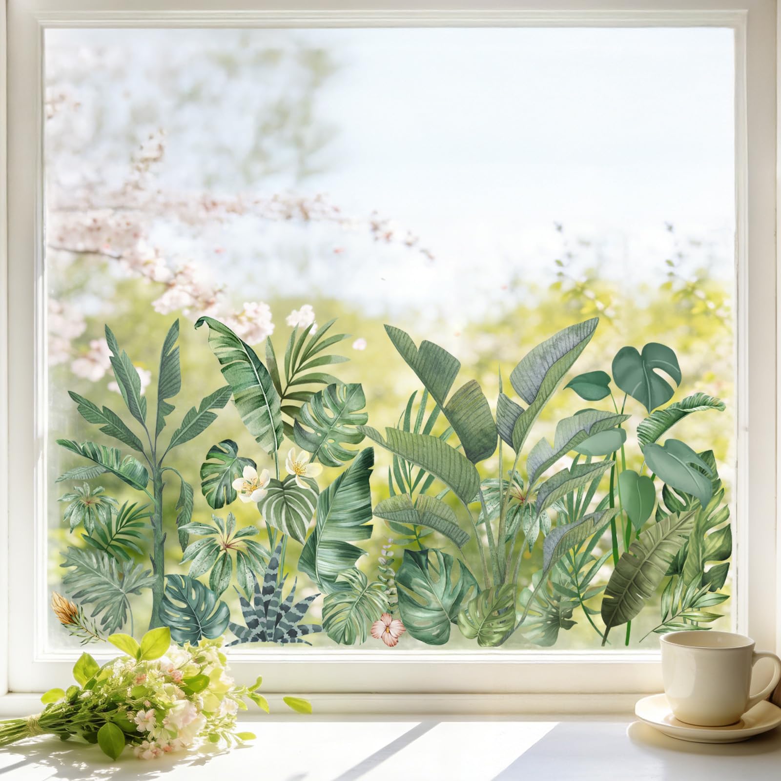 Walluree Spring Summer Window Stickers Tropical Leaf Glass Clings Decals