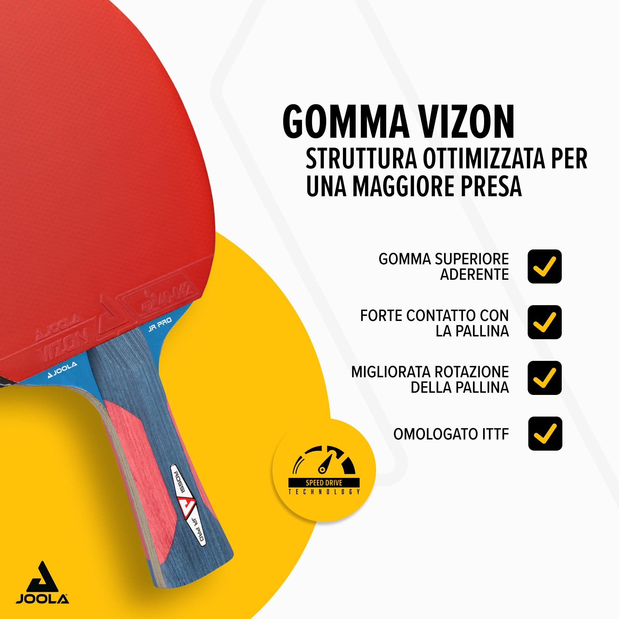 JOOLA Racchetta da ping pong Rosskopf Junior Pro approvato ITTF, racchetta da ping pong 5 stelle, manico blu/rosso, spessore spugna 1,8 mm