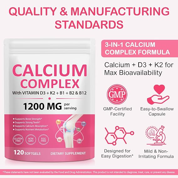 Calcium Complex with Vitamin D3 and K2, Calcium Supplement with Vitamin B1, B2 & B12, Supports Bones Teeth & Muscle Health, Non-GMO, Gluten-Free, 120 Softgels