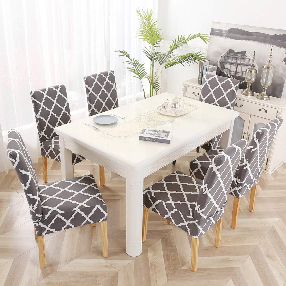 MIFXIN Dining Chair Cover Stretch Kitchen Chair Slipcover Elastic Spandex Removable Washable Chair Furniture Protector Seat Cover for Dining Room Banquet Ceremony Hotel Party (6 Pcs, Gray+White)