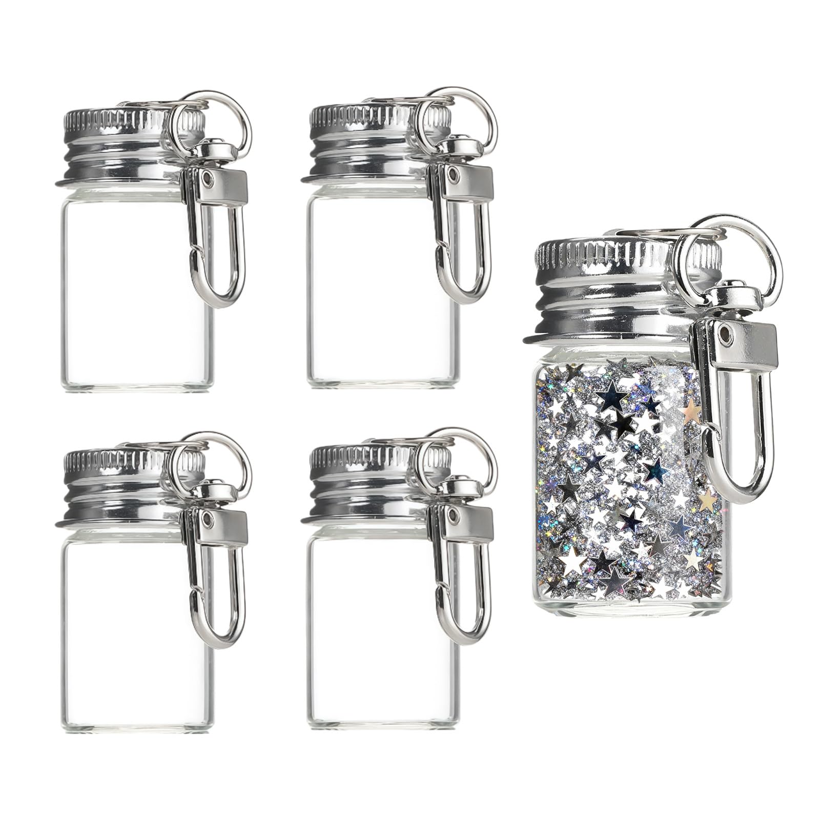Upstore 5 Pcs 7ml Mini Glass Bottles with Screw Aluminium Screw Top Clear Glass Vials with Metal Keychain Clasp Message Bottles Tiny Jars for DIY Crafts Wedding Party Favors Home Decoration