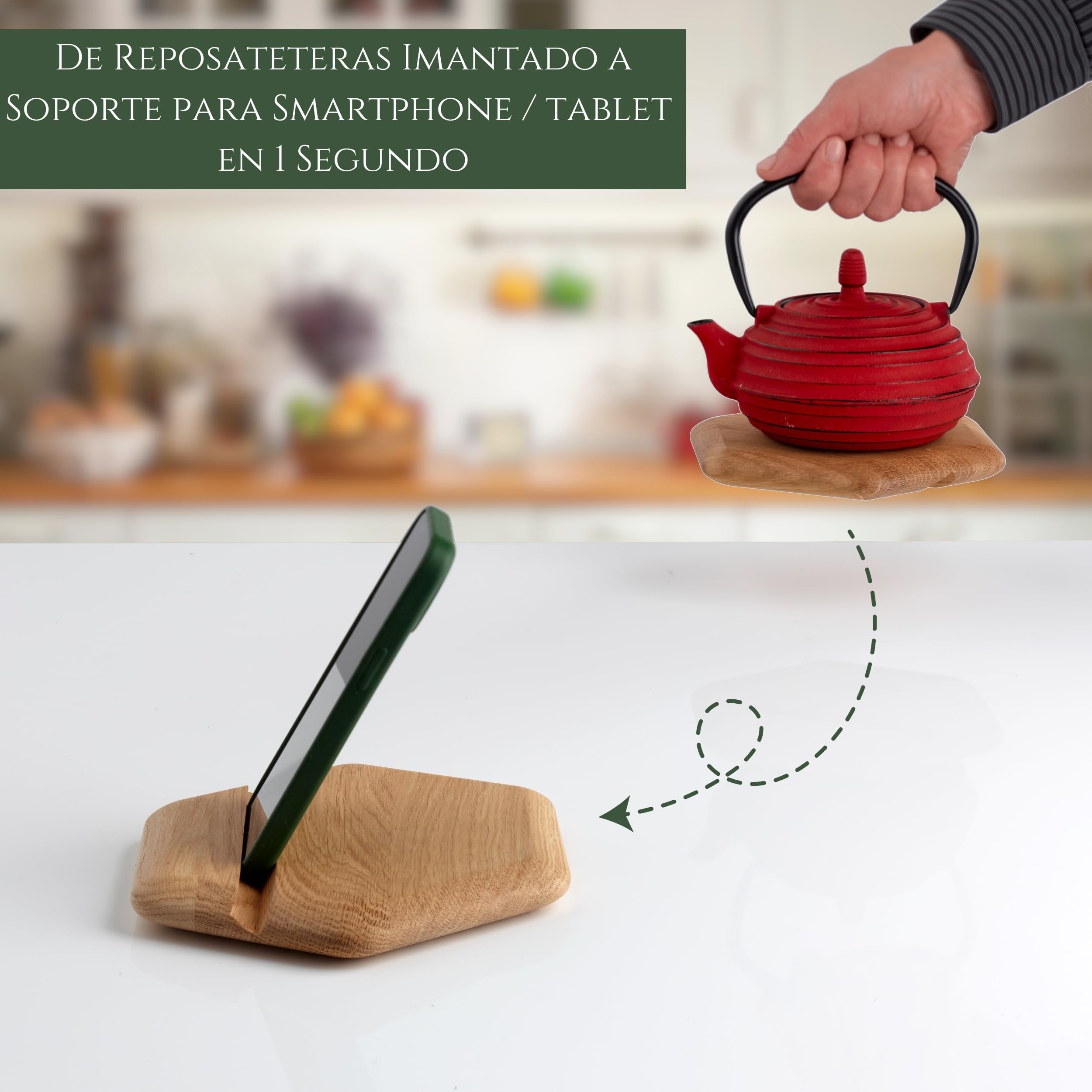Salvamanteles Ollas Calientes 2 en 1 de Roble Macizo - Salvamanteles Imantado con Soporte para Tablet - Ideal como Protector Encimera y Mesa Comedor