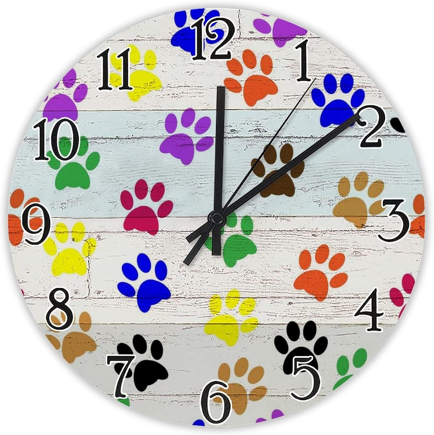 Round Modern Wooden Clocks Paw Prints Animal Pet Dog Design Wall Hanging Battery Operated Silent Non Ticking for Living Room Bedroom Office Kitchen Home Decor Wall Clock 15x15in