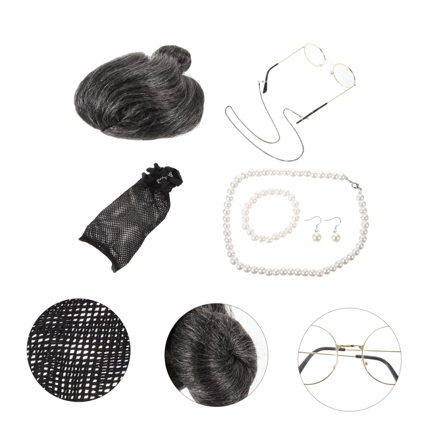 Healeved 5 Sätze Großmutter Perücke Kostüm Accessoires für Halloween und Karneval Teiliges Cosplay Set mit Brille und Perlenkette für Partys und Bühnenaufführungen