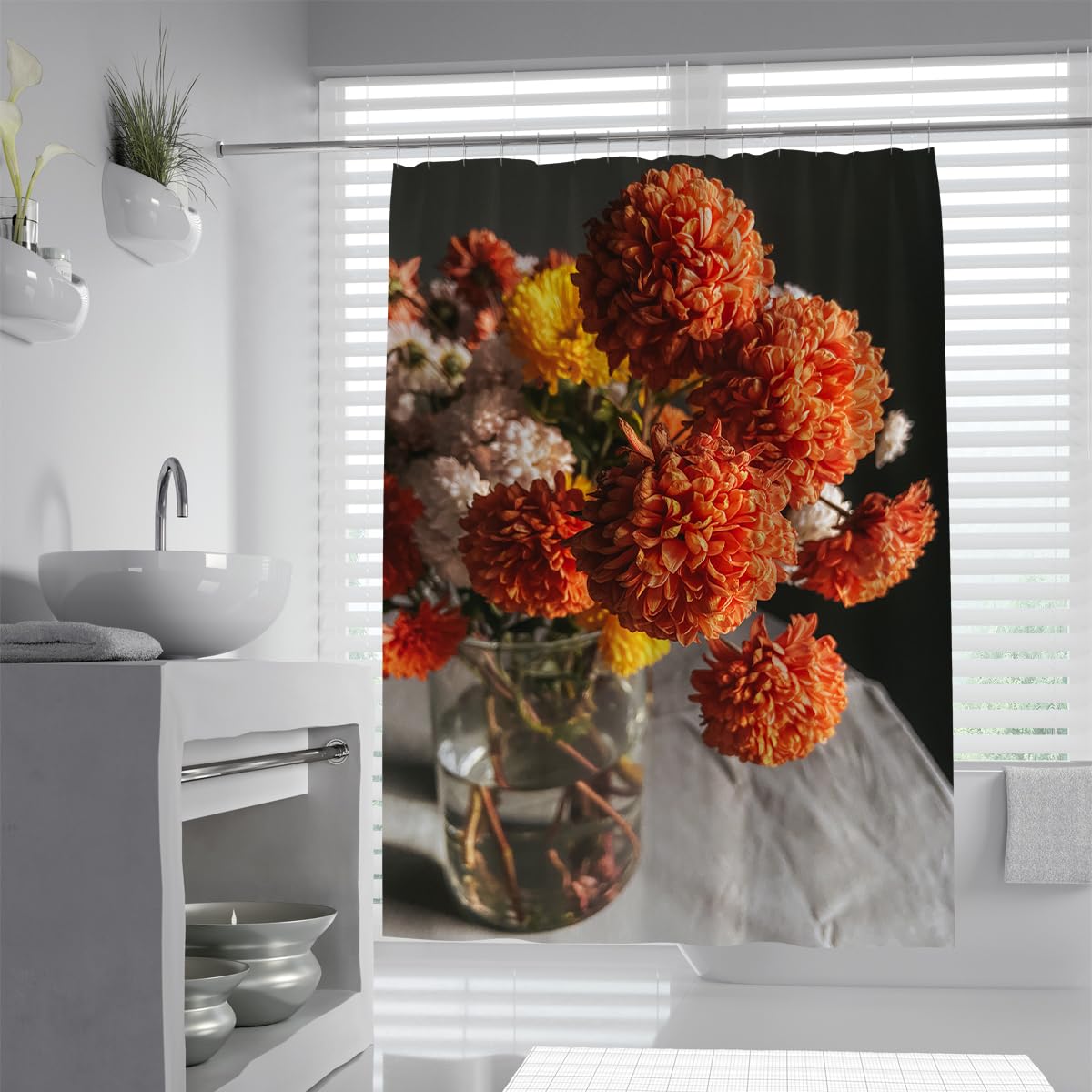 UIRINGART Orange Chrysanthemum Bath Curtain W150xL180cm Vintage Dahlia Floral Bouquet Waterproof Anti Mould Bathtub Screen with Hooks