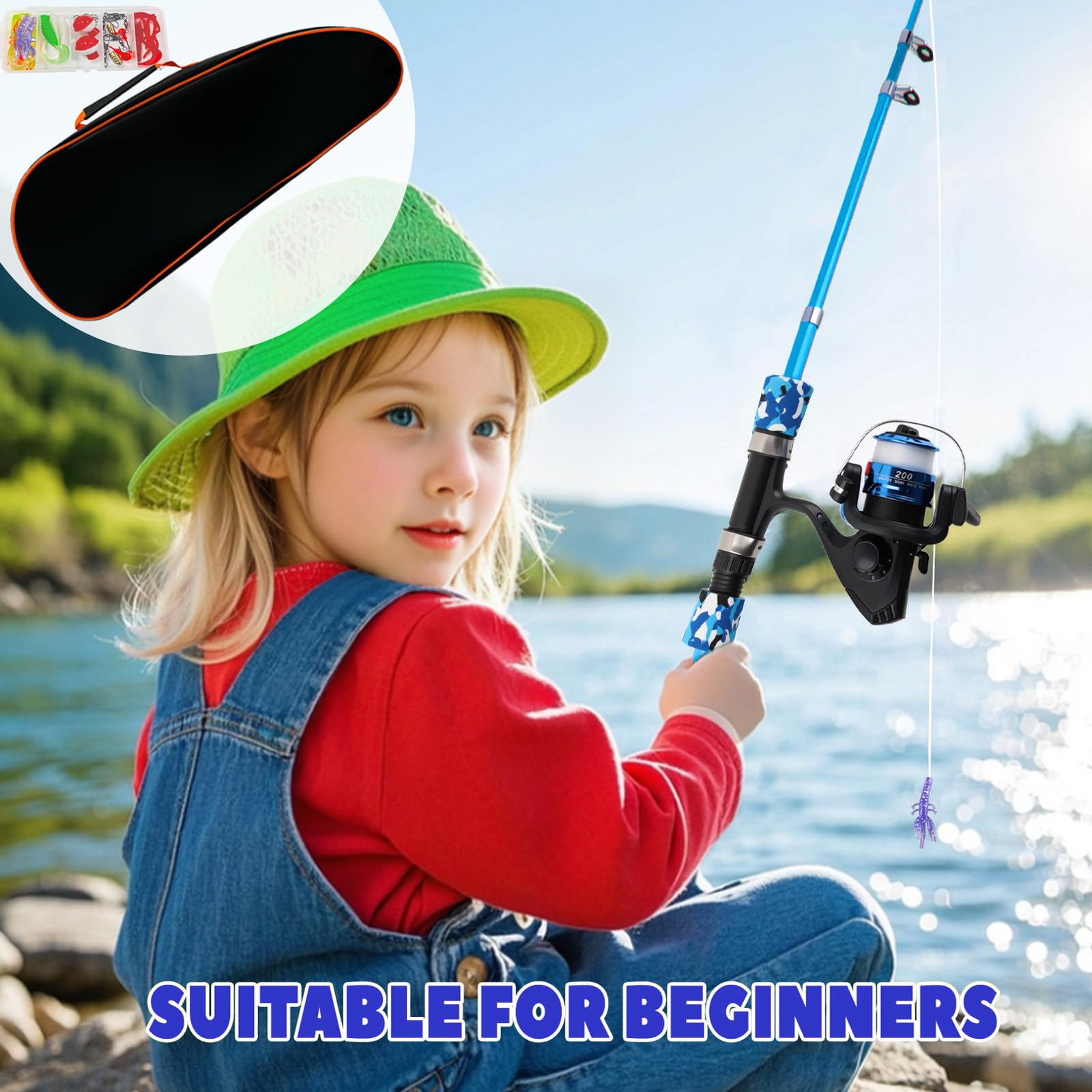 Angelset für Kinder, Mini Teleskop Kinderangel mit Angelrolle und Angelköder, Camouflage Angelrute mit Tragetasche, Salzwasser Süßwasser, Für Jungen, Mädche