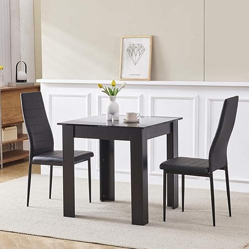Miniatura 1 de Juego de comedor cuadrado para 2, mesa de comedor negra de 29.5 pulgadas con 2 sillas de comedor de cuero de PVC negro, juego de mesa de cocina de 3