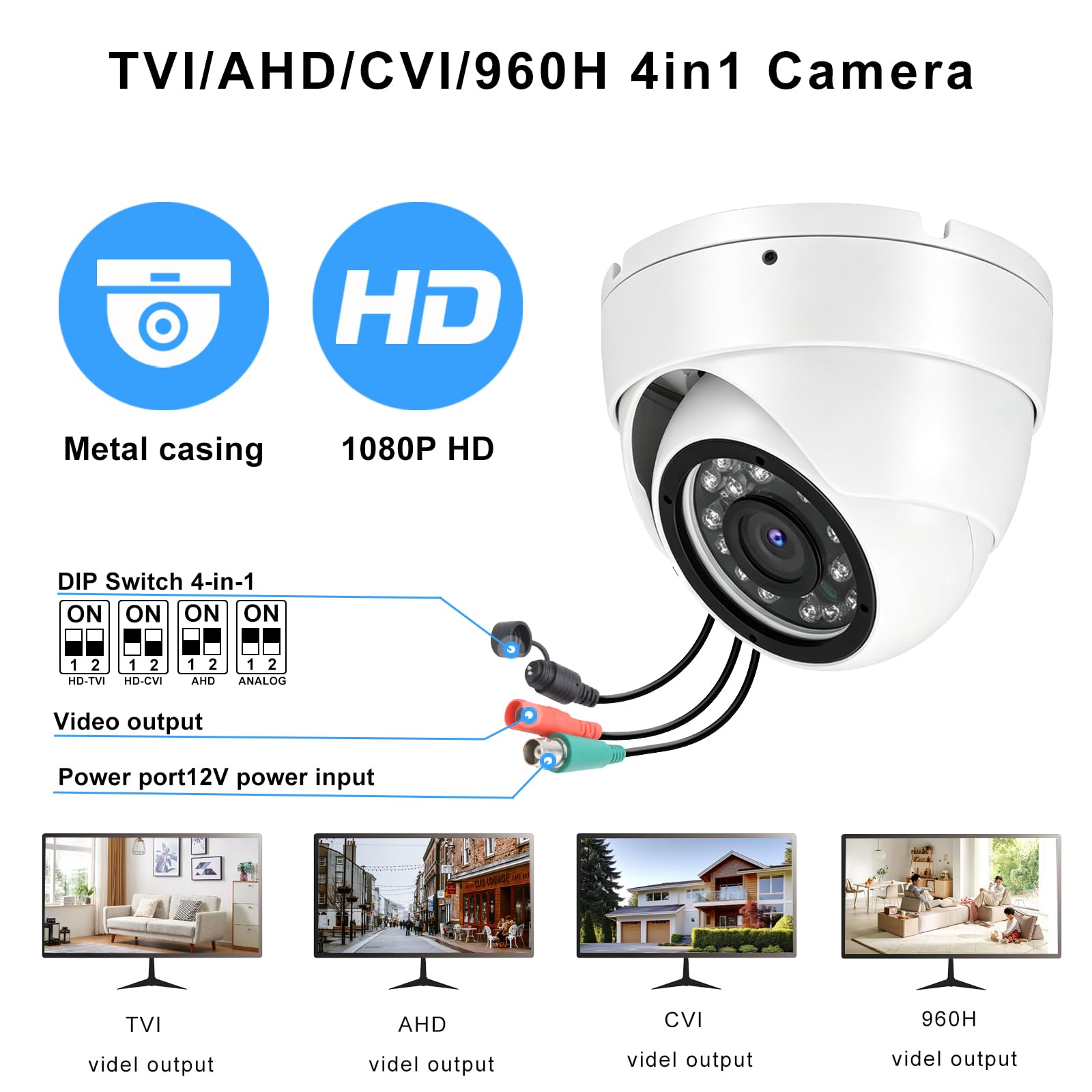 Kamera bezpieczeństwa CCTV 1080p 2MP 4 w 1 (TVI/AHD/CVI/960H analogowa) kopułkowe kamery monitorujące, 24 diody LED, stały obiektyw 2,8 mm, noktowizor na podczerwień 19,8 m, szeroki kąt 105