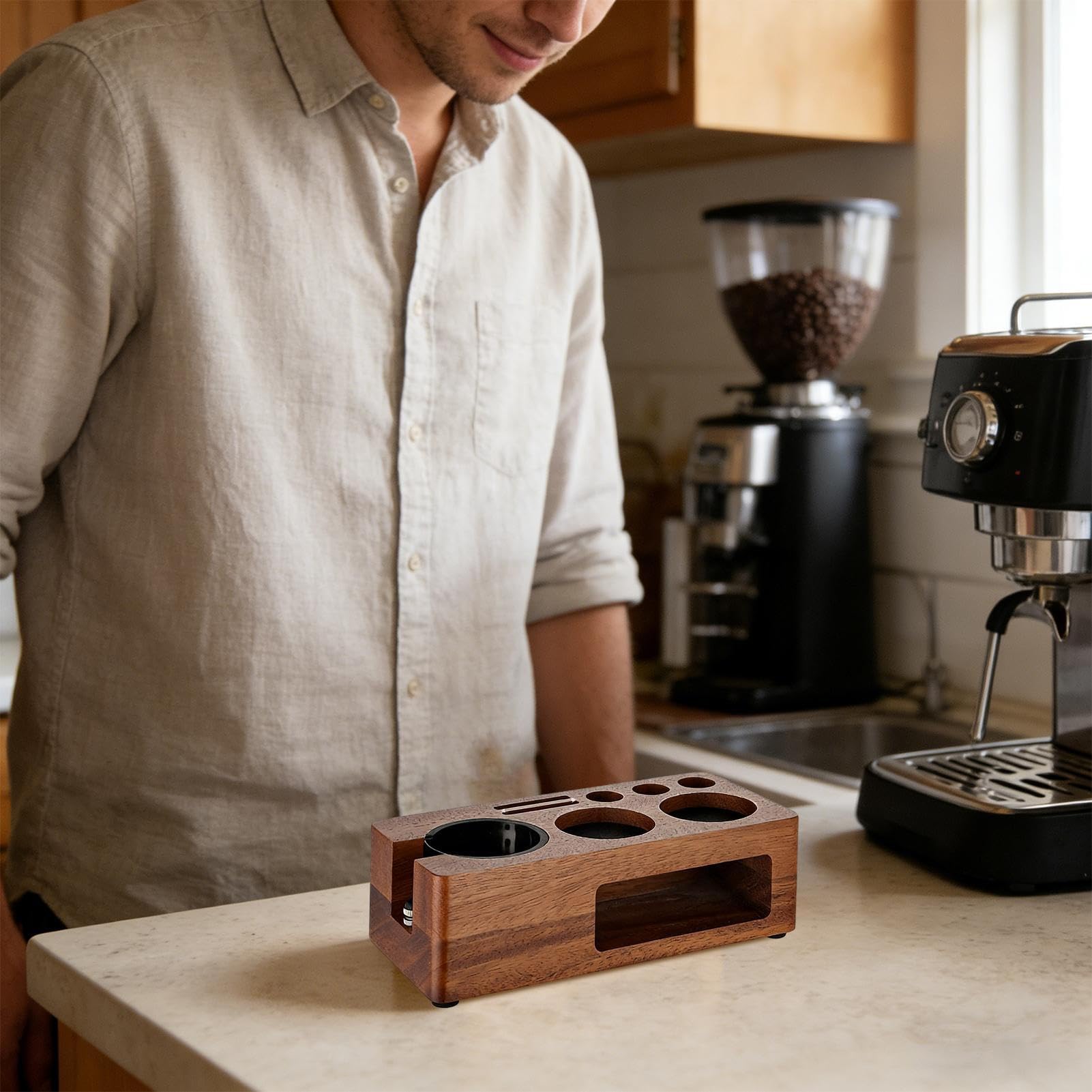 Tamper Station Holziger Rutschhemmender Espresso-Organizer Mit | Organizer Station für Kaffeezubehör Für Küche Wohnzimmer und Studentenzimmer