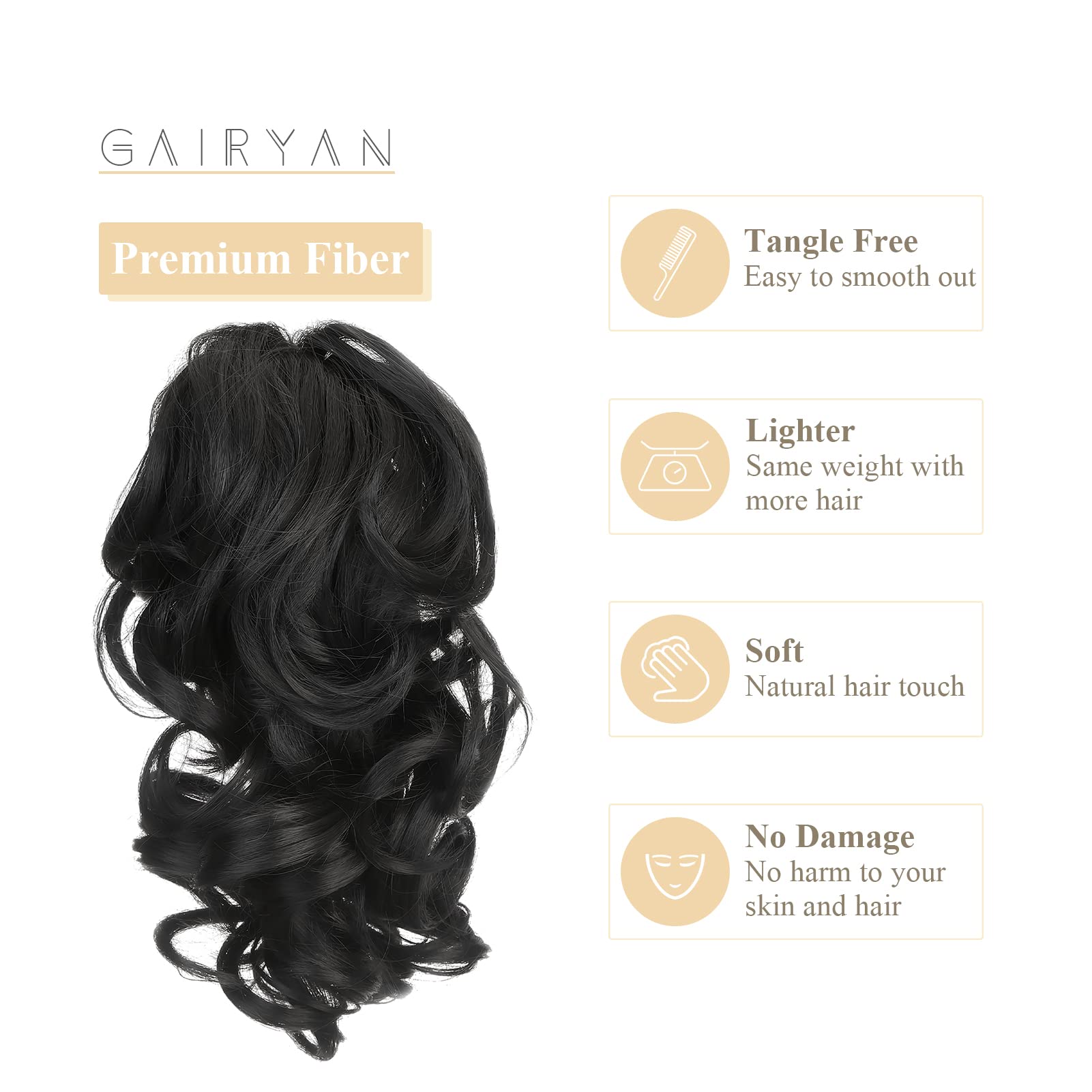 Gairyan 12" Clip in Ponytail Hair Extensions Curly Ponytail Extension Claw on Pony tails Wavy Synthetic Hairpieces for Women Real Look Short Wave (Black) - Image 4