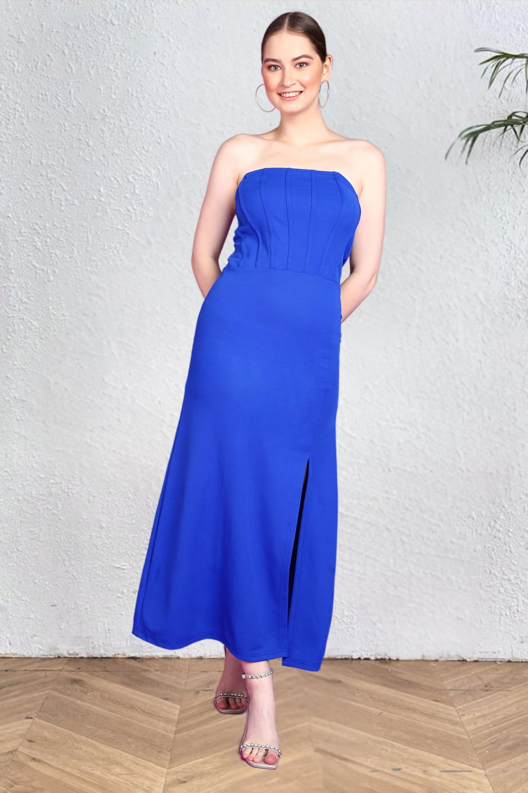 Popwings Casual Solid Sleeveless Slit Long Corset Dress For Women || Latest Stylish Western Summer Dresses For Women || Sleeveless Trendy Off-Shoulder Women Dresses For Parties Blue