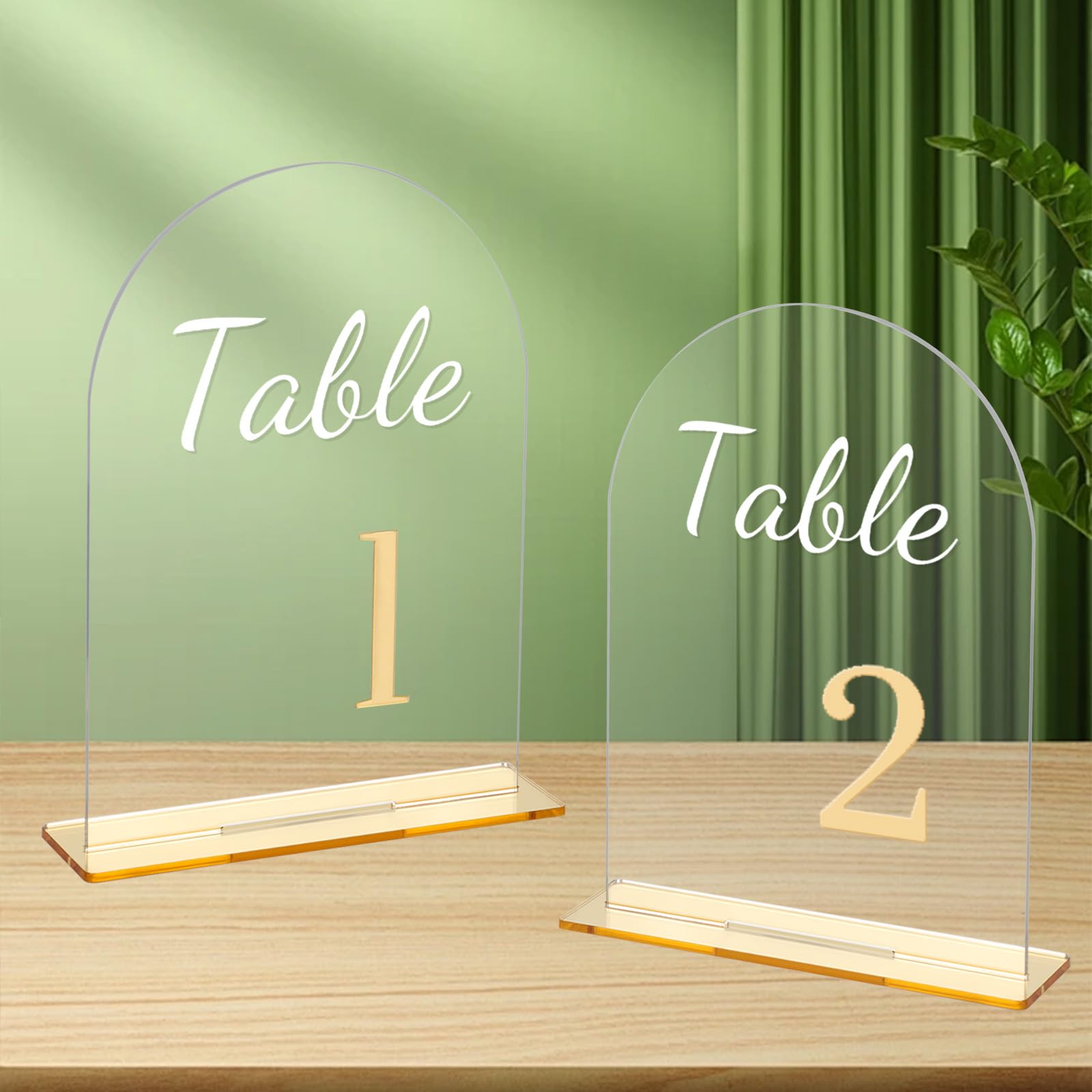 20er Set Hochzeit Tischnummern Acrylschilder, Transparentes Bogen Tischnummernschild mit Standfuß,1-20 Goldene Zahlen Tischnummern für Hochzeiten, Jubiläen, Partys