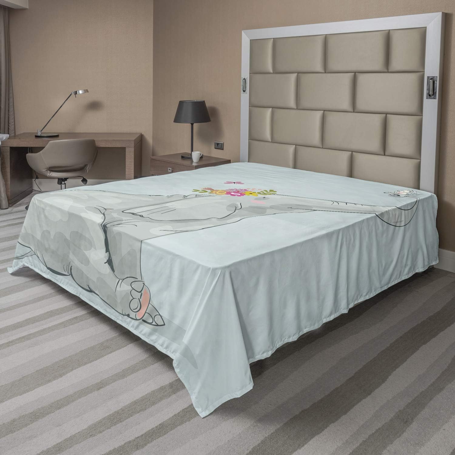 Ambesonne Animal Cartoon Flat Sheet, and Little Mouse Friendship Fun Art Hand Drawn Flowers Design, Soft Comfortable Top Sheet Decorative Bedding 1 Piece, Queen Size, Multicolor