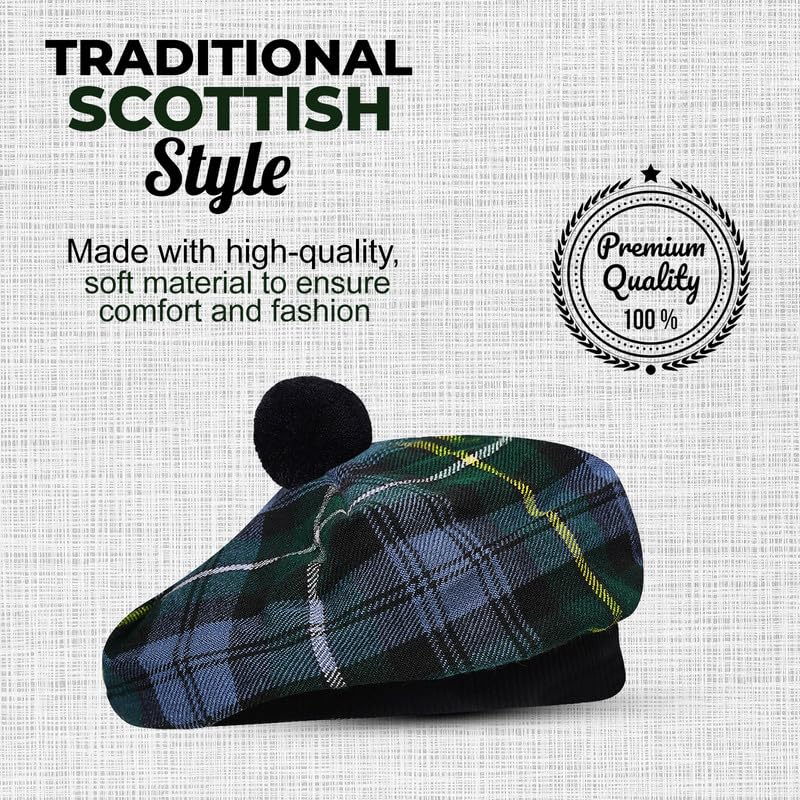 Image of Scottish Tam O' Shanter Hat Tartan Bonnet Pom Pom Wool Flat Cap One Size