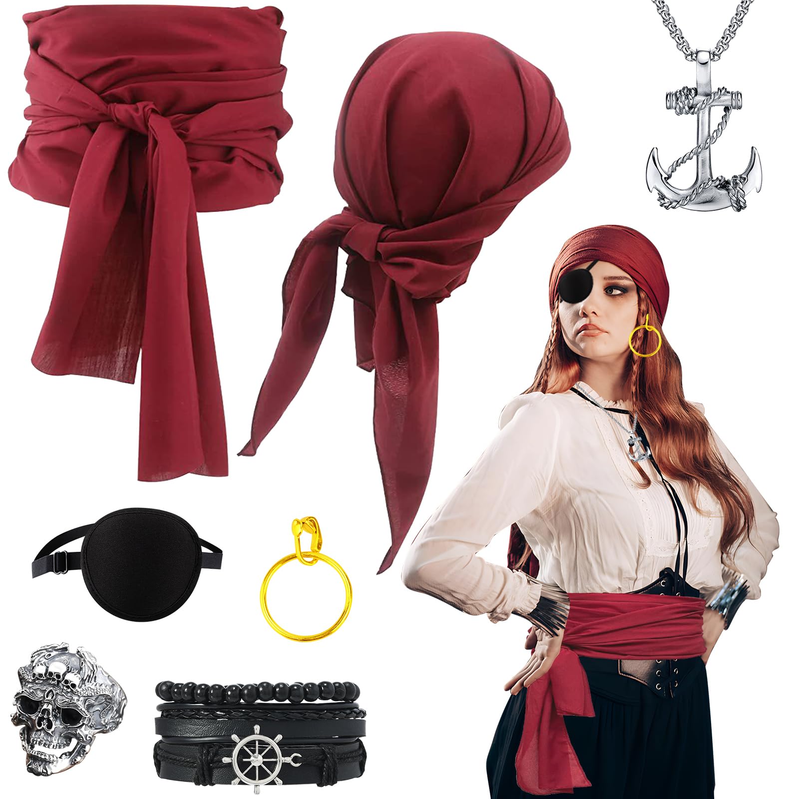 Kit Déguisement Pirate Femme – Bandana, Ceinture, Cache-œil, Collier, Bracelet, Boucles D'oreilles Et Bague – Prêt Pour Le Carnaval !