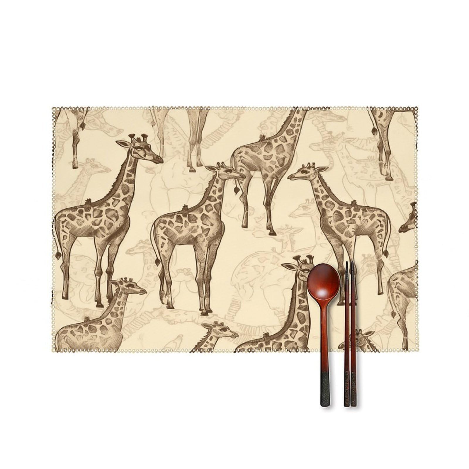 Hand Drawn Giraffes Placemats Set of 6 Non-Slip Stain Resistant Indoor Outdoor Table Mat Washable Cloth Place Mat Fashion Kitchen Placemat for Dining Table Decoration 17.7x11.8 in