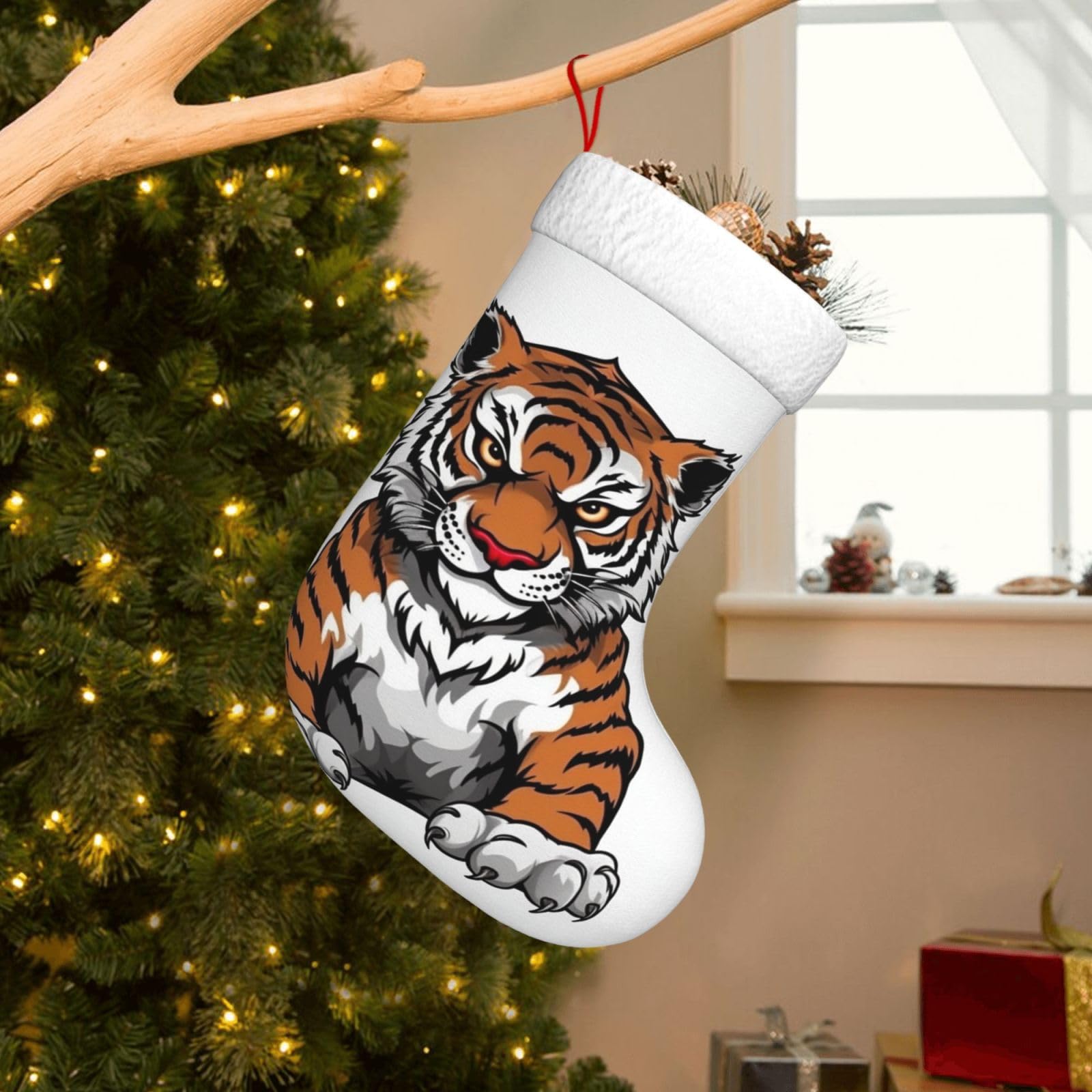 Velvet Christmas Stockings 17.7 Inch, Tiger Head with Raised Paws Xmas Stocking with Soft Cuff,Classic Personalized Christmas Tree Decoration for Family Holiday New Year Party Supplies
