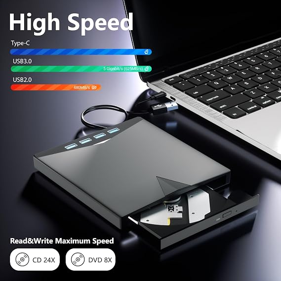 7in1 Harici DVD Sürücü, 4 USB Bağlantı Noktalı ve TF/SD Kart Yuvalı Dizüstü Bilgisayar için Harici DVD Oynatıcı, PC için Taşınabilir CD ROM Harici Sürücü, MacBook Windows 7/8/10/11 Linux Mac OS için