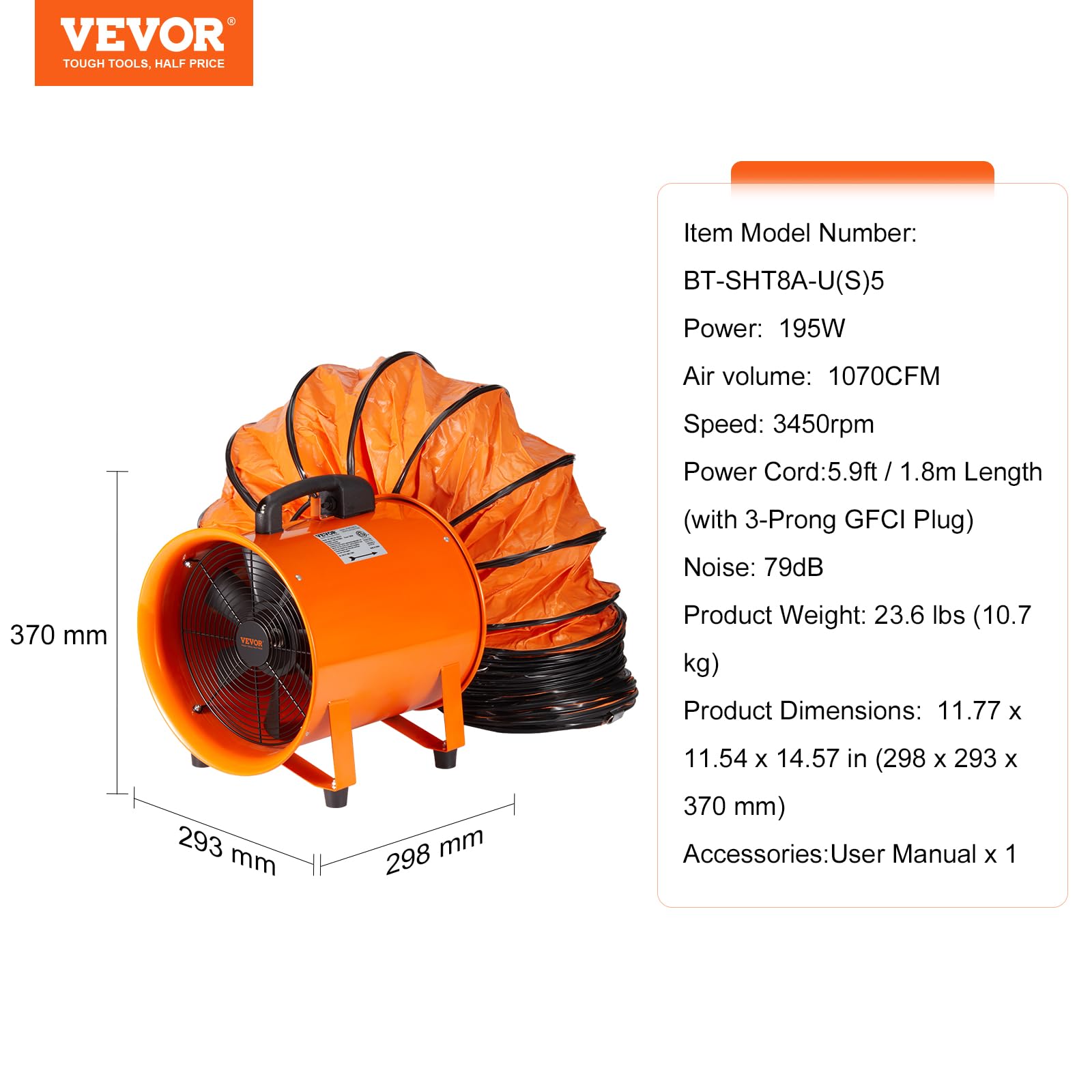 Vevor Bauventilator 195-W-AC-Motor Baugebläse 2900 U/min Baulüfter Gebläse/s (1070 CFM) Axiallüfter mit 5 m Schlauch Axialgebläse 79 dB Geräuschpegel Industrielüfter – Bild 7