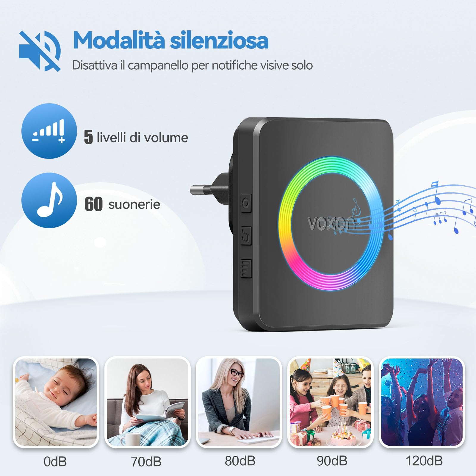 VOXON Campanello Senza Fili, Wireless Campanello con 2 Ricevitori Plug-in e 1 Trasmettitore, Portata 400M, IP65 Impermeabile, 60 Melodie con Flash LED, Doorbell per Casa e Ufficio (Nero)