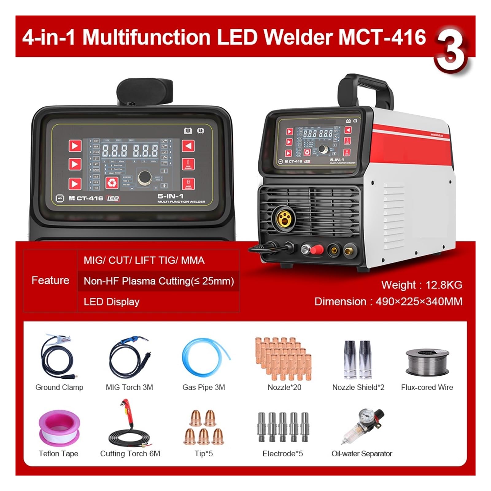 Zestaw lutownicy, MCT-416 półautomat spawalniczy, MIG TIG ARC CUT 4 w 1 bezgazowy, spawarka MIG Pilot Arc bezdotykowe cięcie do metalu, elektryki, majsterkowania (Color : Package 3, Size : 1)