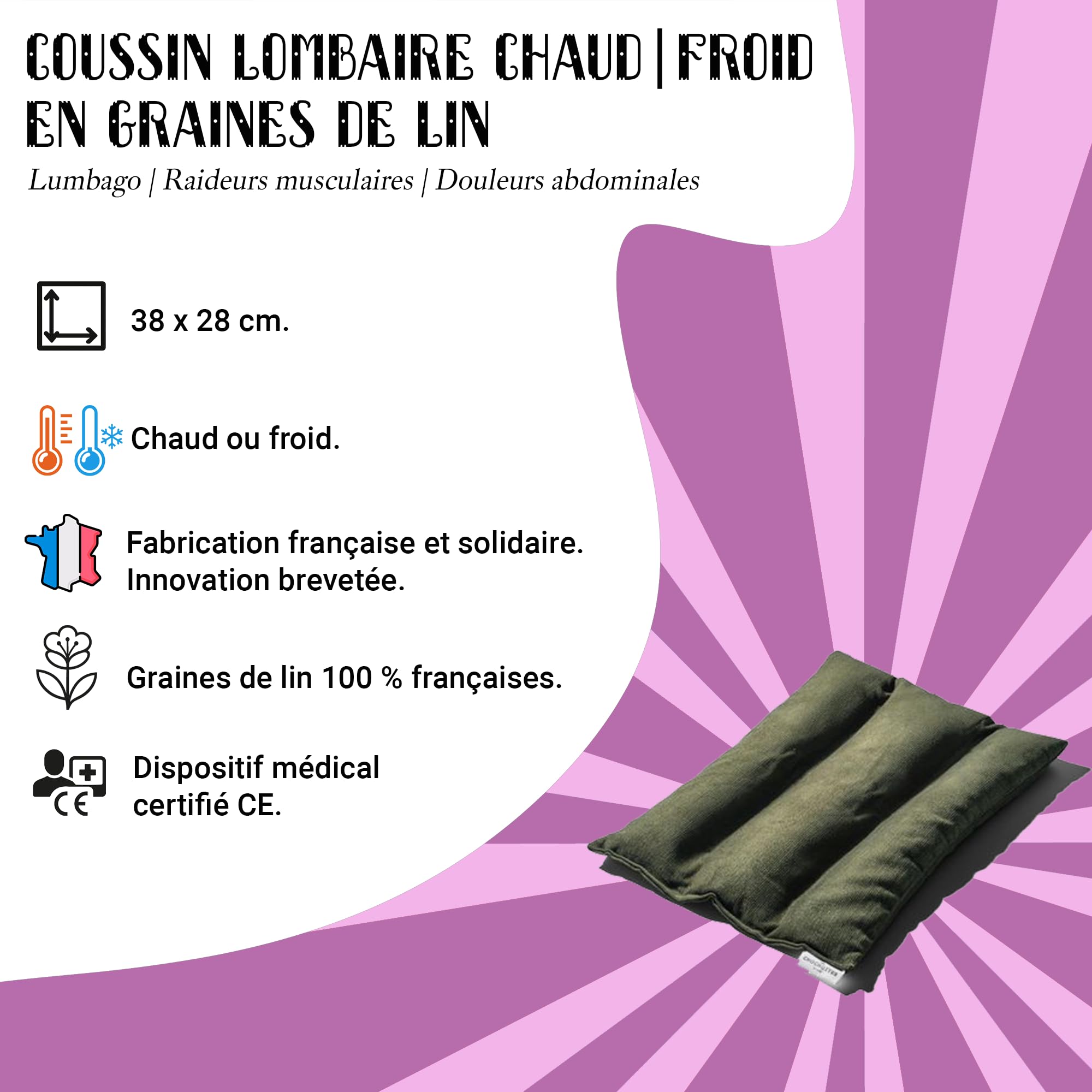 Coussin Emplâtre Chauffant La Lombaire en graines de lin - Bouillotte velours pour micro-ondes - Compresse chaud/froid - Soulage douleurs, lumbago, dos, épaules, règle - Fabriqué en France - 38x28 cm