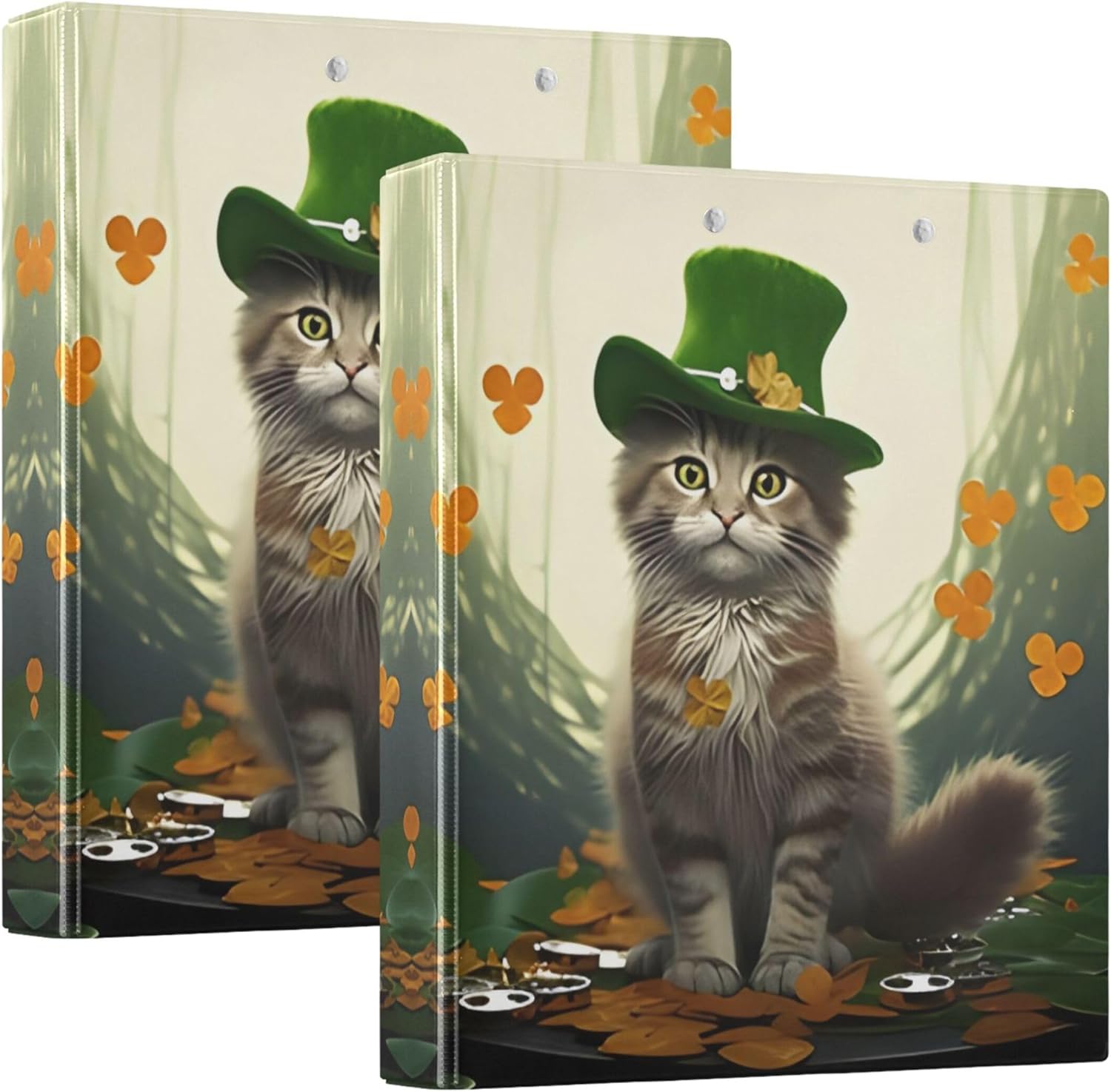 St. Patrick's Day Cat 3 Ring Binders, 1.5” Round Ring Binders with Clipboard - Letter Size, 3 Interior PVC Clear Pockets & Anti-Slip Clip for Office School Supplies, 2PCS