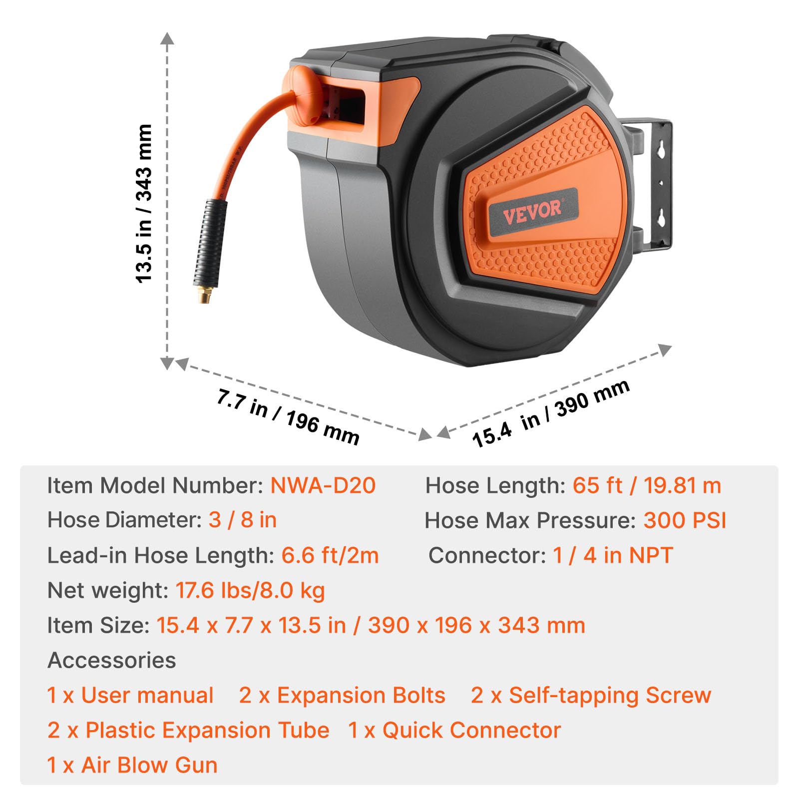 VEVOR Retractable Air Hose Reel - 65FT, Auto-Rewind -7 VEVOR Retractable Air Hose Reel - 65FT, Auto-Rewind -7