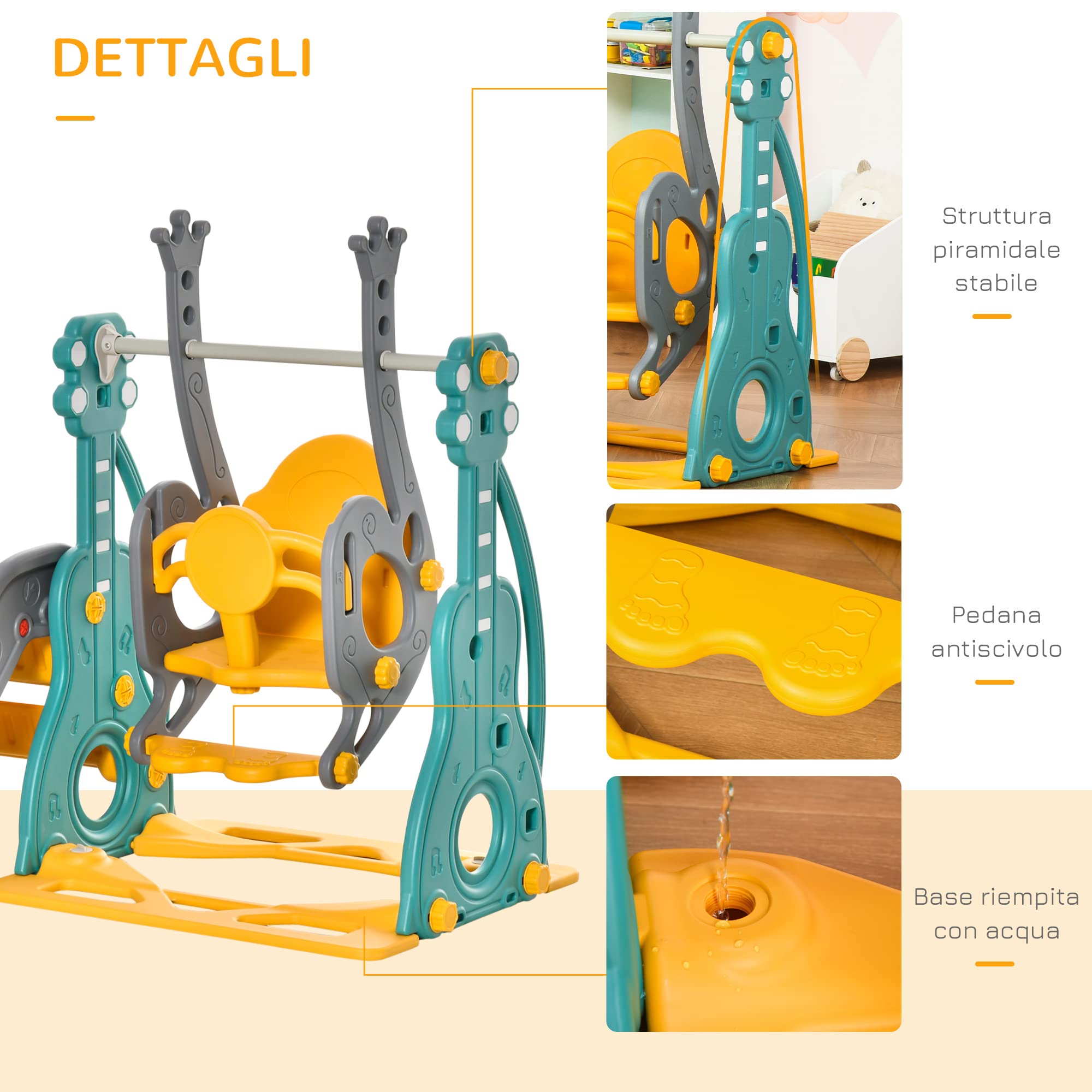 HOMCOM Scivolo 3 in 1 per Bambini con Altalena Regolabile, Canestro e Palle per Cameretta e Giardino, 152x149x107cm, Blu, Grigio, Giallo