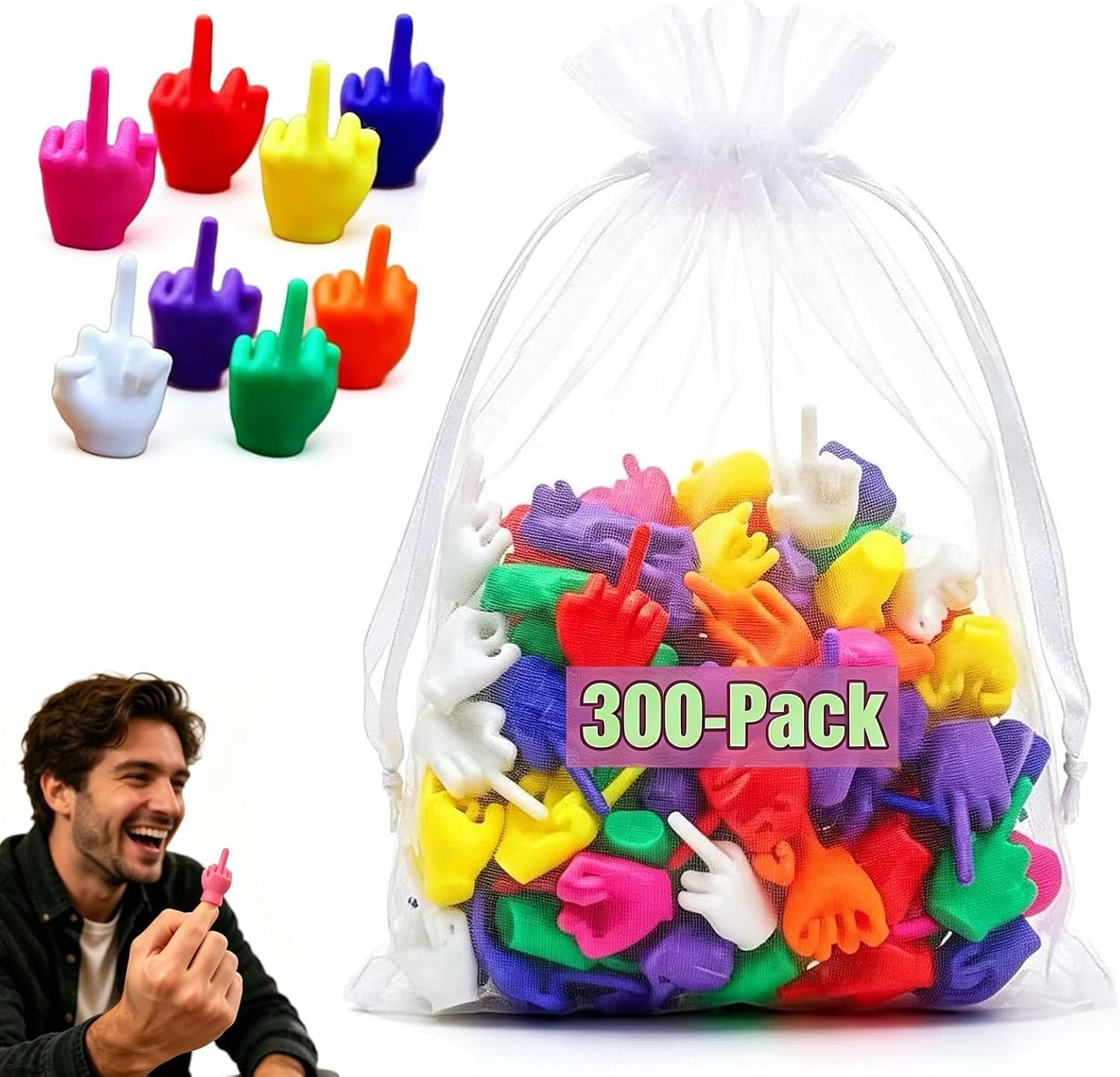 Mini Middle Fingers, 50/100 PCS Colorful Flip the Bird Tiny Hands Gag Gift Adult Christmas White Elephant Stocking Stuffers Party Favors Office Prank Desk Decor (300PCS)