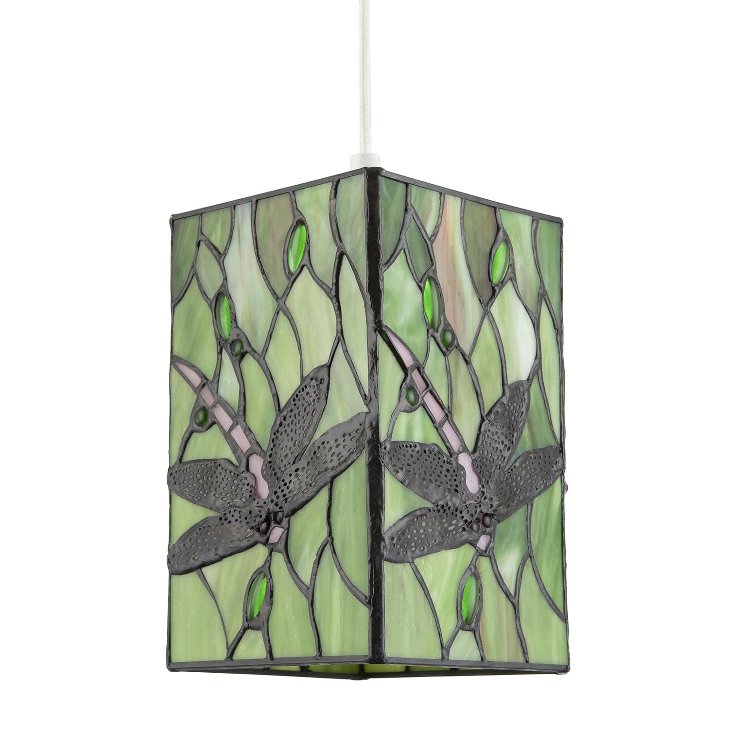Traditional Green Stained Glass Dragonfly Rectangular Tiffany Pendant Light Shade | 20cm x 13cm | Oval and Round Beads by Happy Homewares