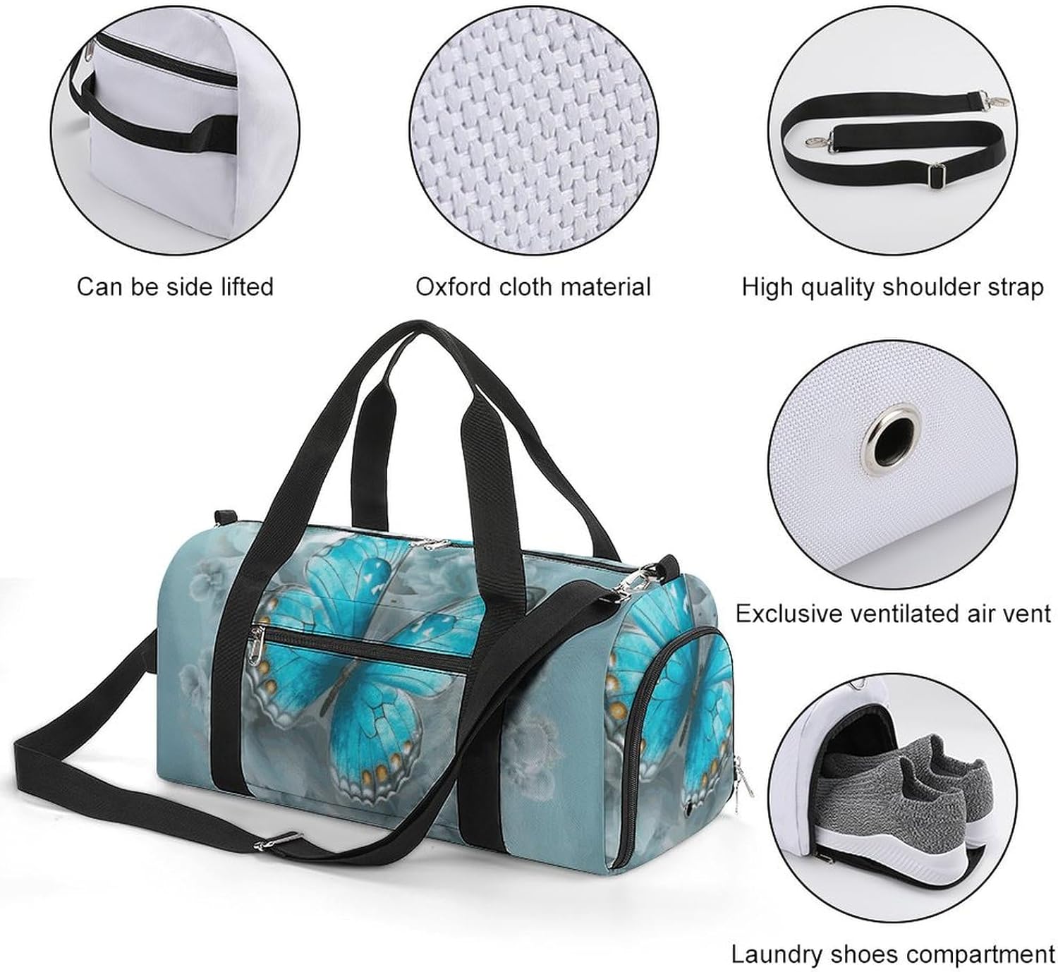 Gym Bag for Men Travel Duffle Bag Light Blue Butterfly Tote Bag Weekender Duffel Bag Weekender Bag for Sports