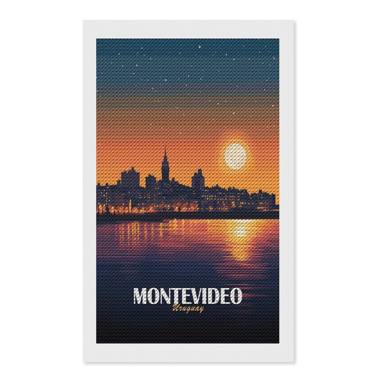 Junmoney Montevideo Uruguay Cityscape at Night Round Drill Diamond Painting 12"x20", Handmade Wall Decor, Modern Decor, Aesthetic Room Decor, Easy Craft Set