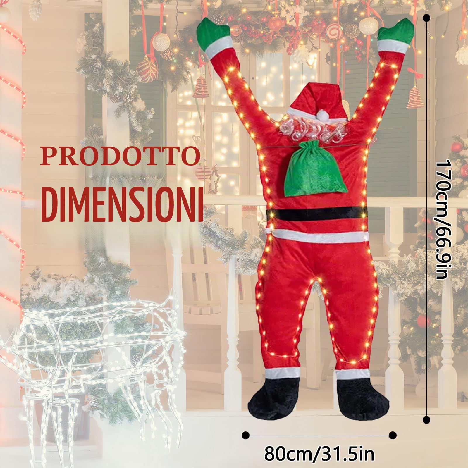 Babbo Natale Sospeso, Decorazione Natalizia da Parete da Arrampicata Luci LED per Interni Esterni