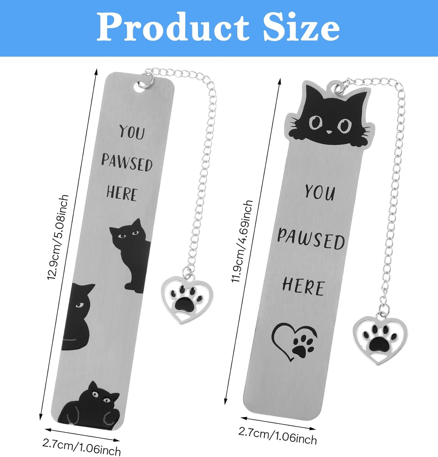Cat Bookmarks, 2 Pcs Stainless Steel Black Cat Bookmark for Women, Men, Kids, You Paused Here Cute Book Marks for Book Lovers, Birthday, (Silver & Black) - Image 3