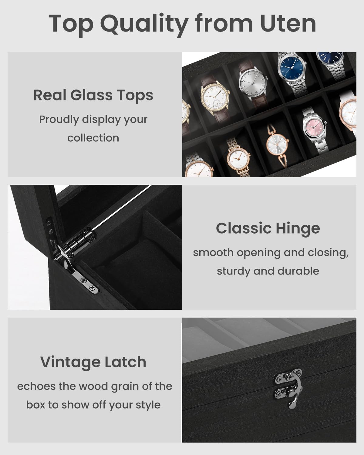 Uten Boîte à Montres 10 Compartiments, 2 Niveaux Coffret à Montres en Bois, Couvercle en Verre, Coffret de Rangement pour Montres, Coussinets Coton de Soie, Doublure Noire, Idée Cadeau