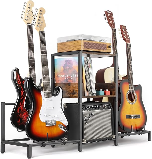 Support pour guitare acoustique, guitare électrique, basse, 4-Tier Support de guitare pour guitares multiples, Support d'ampli pour guitare réglable pour ampli, Accessoires de guitare, Disque vinyle, Affichage de support de guitares pour Studio Room Home