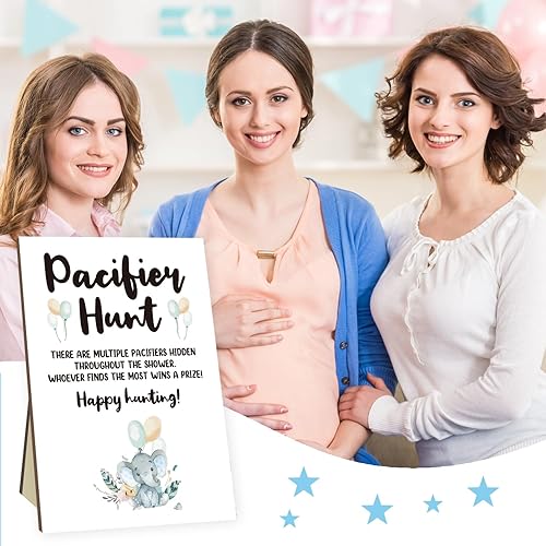 Miniatura 5 de Juegos de fiesta de baby shower, juegos de caza de chupetes de bebé, tablero de letrero de caza de chupete de girasol y 50 chupetes acrílicos azules