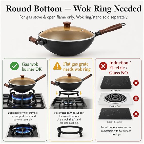 WANGYUANJI 12.6 Inch Round Bottom Cast Iron Wok with Glass Lid, Chinese Stir Fry Pan for Gas Stove & Open Flame, Uncoated Clay-Mold Texture, Wok Ring Required, Seasoning Needed