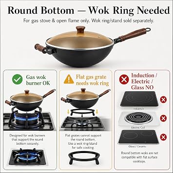 WANGYUANJI 12.6 Inch Round Bottom Cast Iron Wok with Glass Lid, Chinese Stir Fry Pan for Gas Stove & Open Flame, Uncoated Clay-Mold Texture, Wok Ring Required, Seasoning Needed