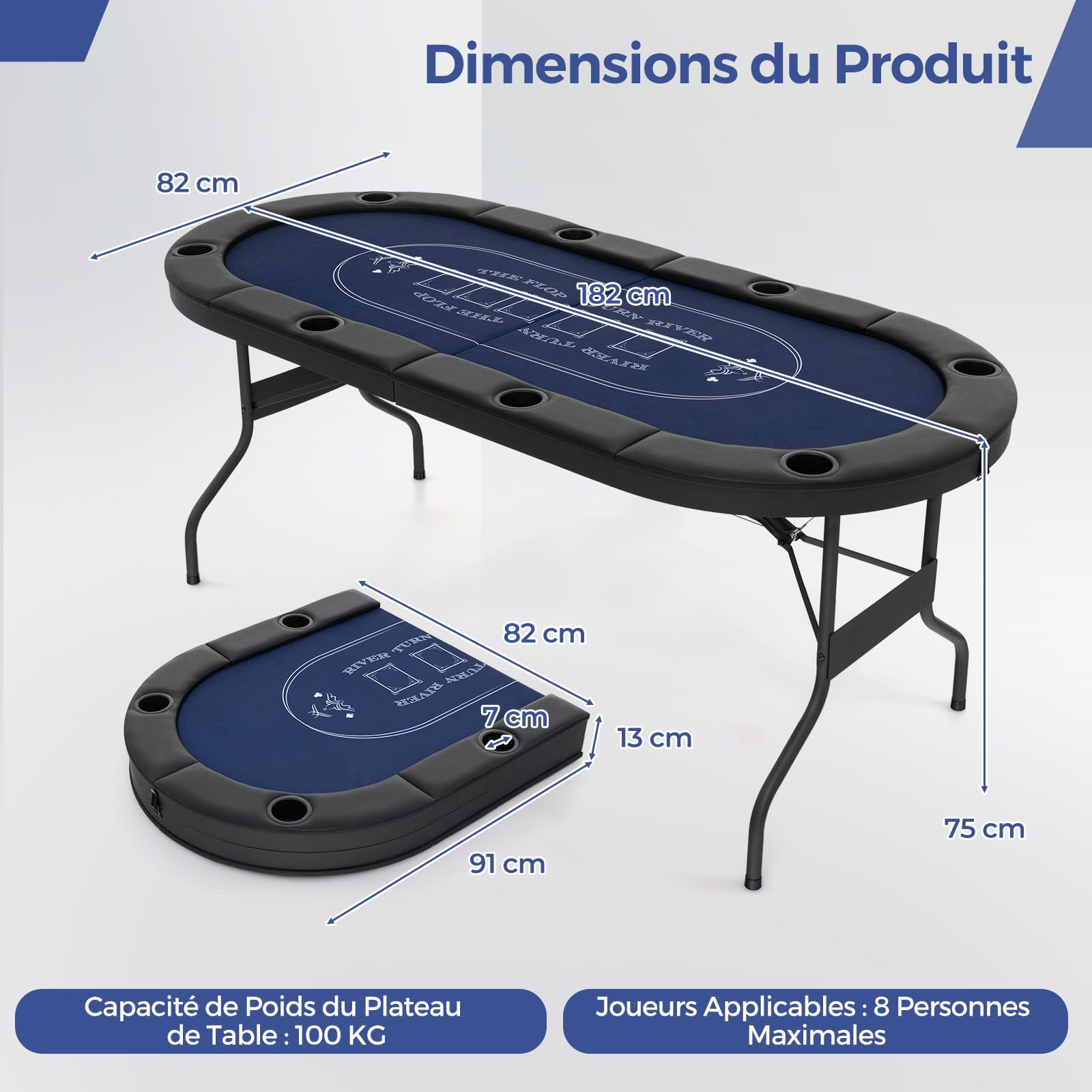 DREAMADE Table de Poker Pliable pour 8 Joueurs, Table de Poker Texas Hold’em Pliante avec Rebord Rembourré, Porte-gobelets en Métal, Surface en Feutre de Qualité Casino (Bleu)