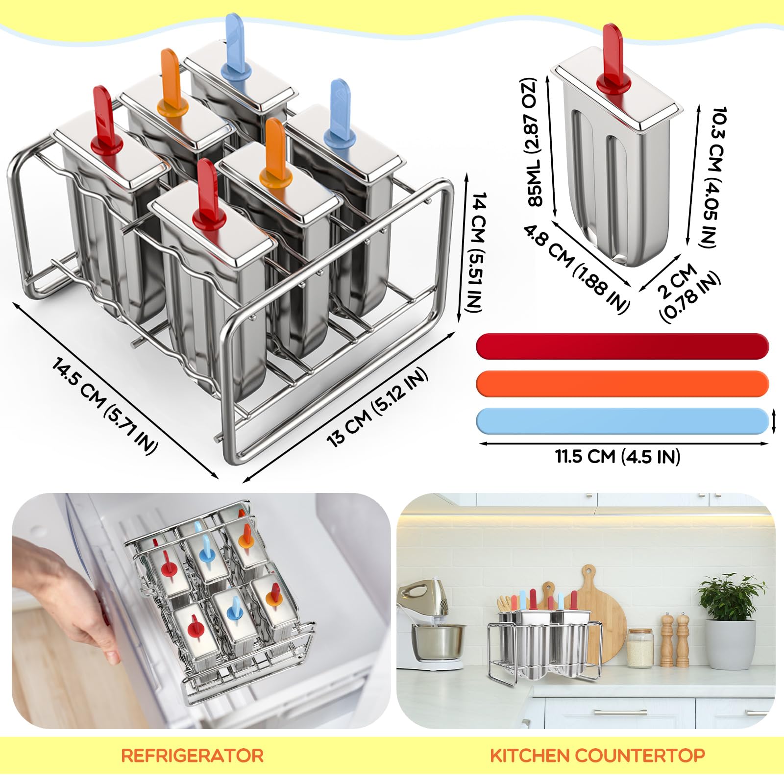 Jingmore Molde de acero inoxidable, 6 moldes de helado de metal de cabeza redonda con soporte, 6 palos acrílicos, máquina de hielo con palitos para hacer yogur congelado, frutas, helados, sorbetes