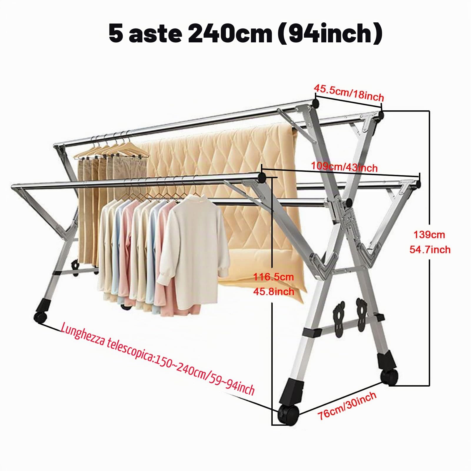 YSUEFIJO Stendibiancheria da Esterno Allungabile, Stendibiancheria Estensibile da Balcone, Stendino Verticale da Interno Acciaio Inossidabile Pieghevole 5 Canne con Ganci Antivento, Scarpiera (240cm)