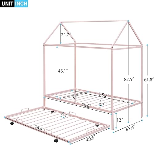 Miniatura 220 de Cama de casa de tamaño individual con diseño de valla y techo, marco de cama de metal, marco de cama de piso doble, base de cama Montessori de Color