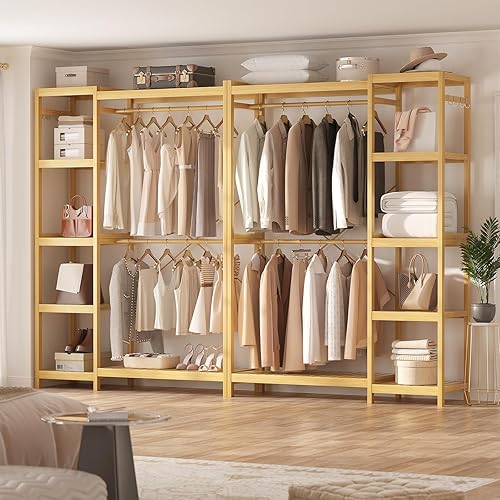 Vista 2 de Homykic Perchero de Bambú para Colgar Ropa, Perchero Resistente con Estantes Ajustables de 7 Niveles, Varillas Dobles, 4 Ganchos, Sistema de Armario