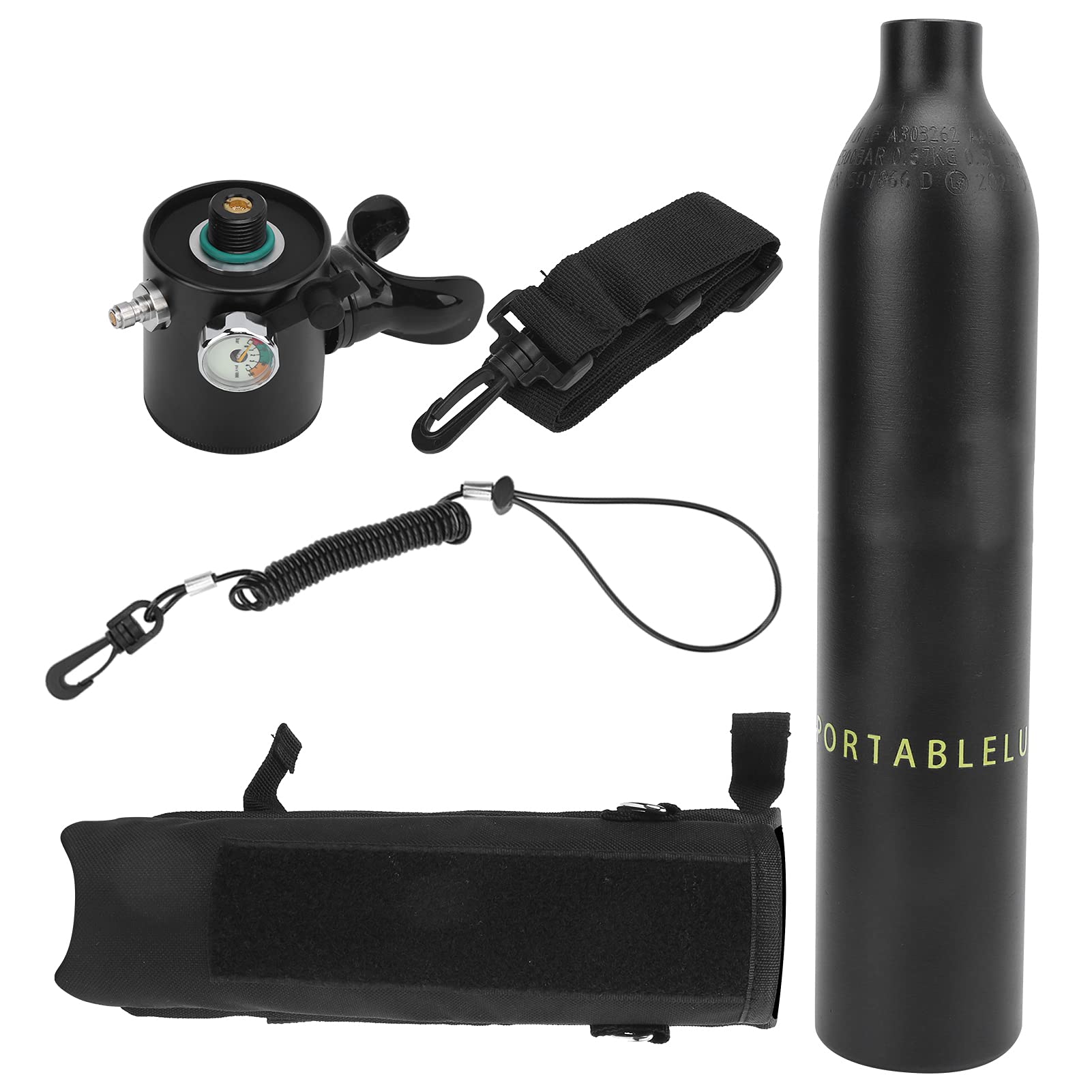 Tanque de Buceo Portátil de 0,5 L Cilindro de Oxígeno Subacuático de Fácil Respiración para Bucear con Bolsa de Almacenamiento y Manómetro Luminoso para Salvavidas